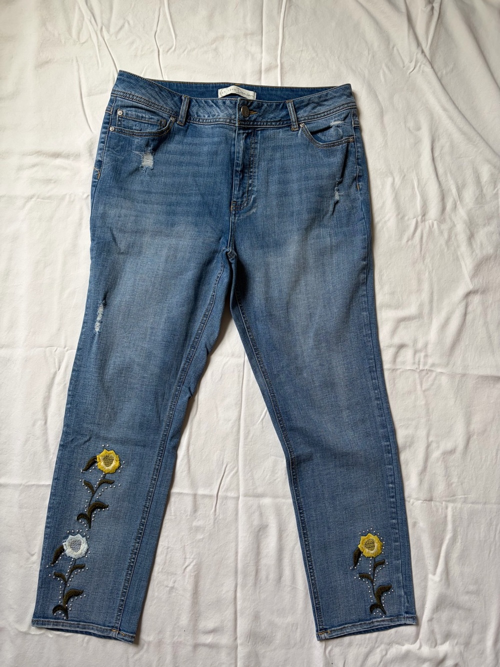 Embroidered Ankle Jeans — Blue and Yellow Floral Detail